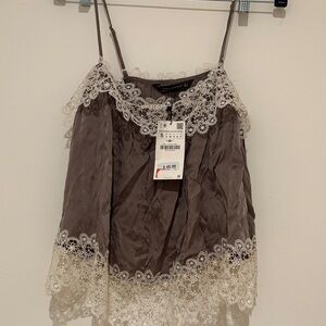 Zara Taupe and White Lace Blouse